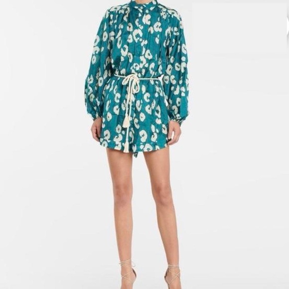 Zimmermann Silk Teal Long Sleeve Animal Leopard Gold Print Romper S / 4